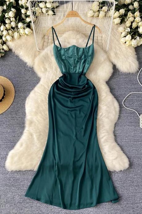 Elegant Emerald Green Satin Slip Dress For Evening