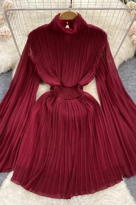 Elegant Burgundy Pleated Midi Dress With Bishop Sleeves
