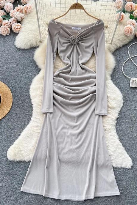 Elegant Long Sleeve Cinched Waist Satin Dress