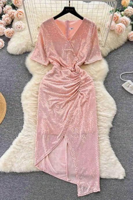 Womens Pink Sequin Wrap Dress With Asymmetrical Hem