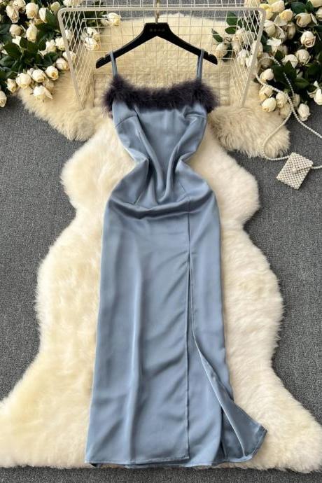 Elegant Satin Sleeveless Dress With Faux Fur Trim