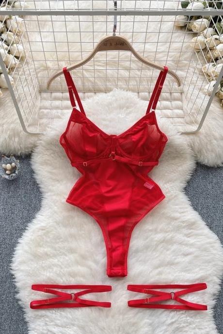 Womens Red Lace Detail Satin Bodysuit Lingerie Set