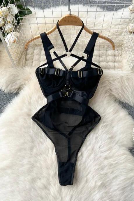 Womens Strappy Sheer Mesh Bodysuit With Gold Accents