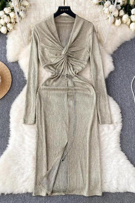 Metallic Knit Twisted Front Long Sleeve Midi Dress
