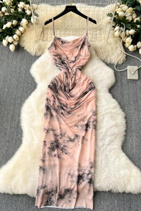 Elegant Blush Pink Marbled Cowl Neck Satin Dress