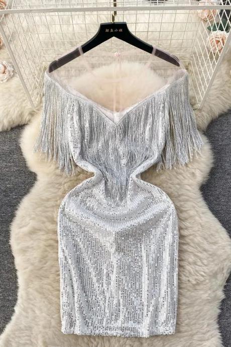 Elegant Off-shoulder Fringe Sequin Cocktail Dress Silver