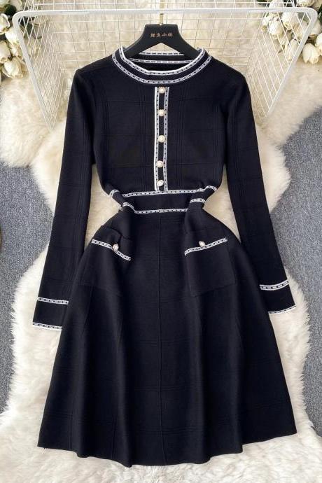 Elegant Long Sleeve Black Dress With Contrasting Trim