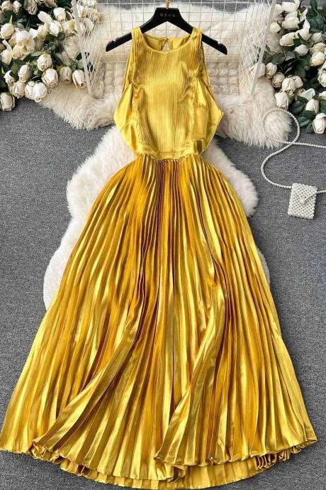 Elegant Satin Pleated Maxi Dress Sleeveless Golden Yellow