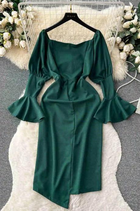 Elegant Emerald Green Midi Dress With Puff Sleeves