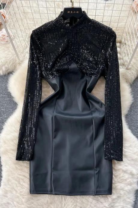 Elegant Sequin Turtleneck Long Sleeve Faux Leather Dress