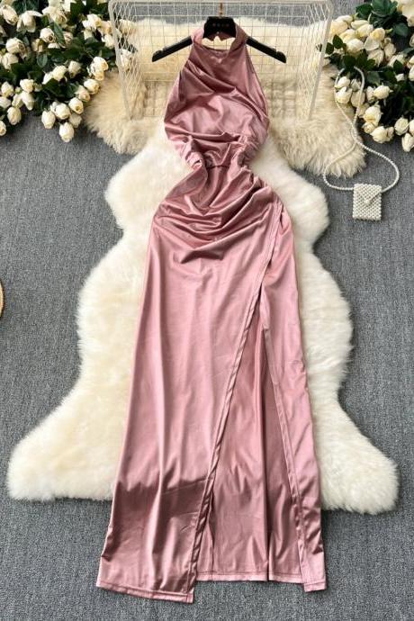 Elegant Satin Halter Neck Maxi Dress In Blush Pink