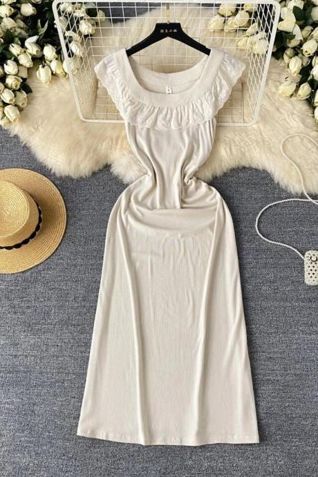 Elegant Ruffled Neckline Midi White Summer Dress