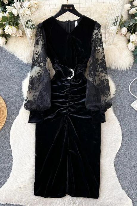 Elegant Velvet Dress With Sheer Lace Sleeves Black