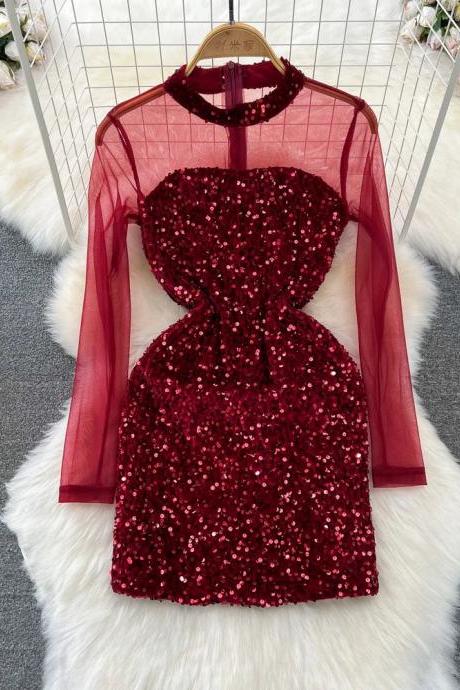 Elegant Long Sleeve Sequin Red Cocktail Dress