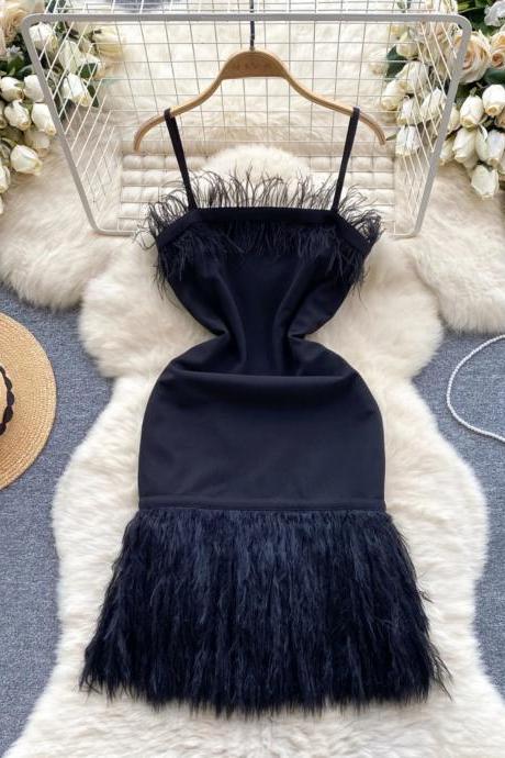 Elegant Feather Trim Spaghetti Strap Cocktail Dress Black