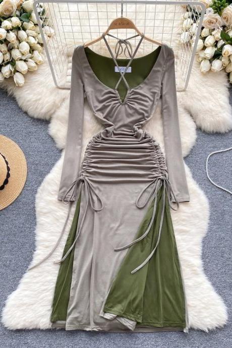 Olive Green Ruched Long Sleeve V-neck Dress