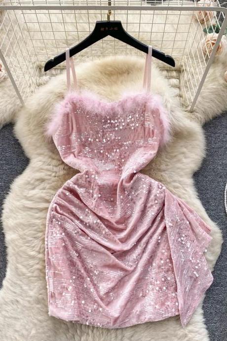Womens Sparkling Sequin Pink Fur Trim Mini Dress