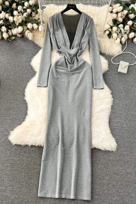 Elegant Long Sleeve Twisted Front Evening Gown Silver