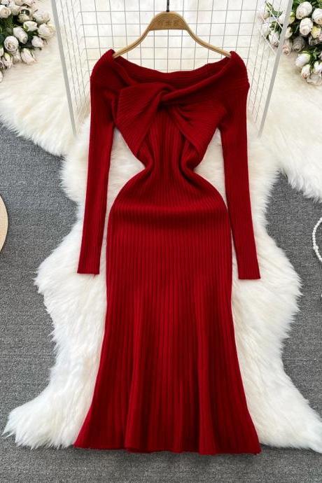 Elegant Long-sleeve Ribbed Knit Red Midi Dress