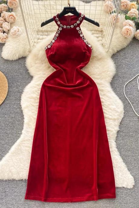 Elegant Red Velvet Evening Gown With Crystal Accents