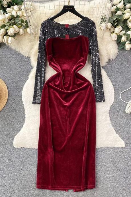 Elegant Red Velvet Evening Gown With Sequin Sleeves