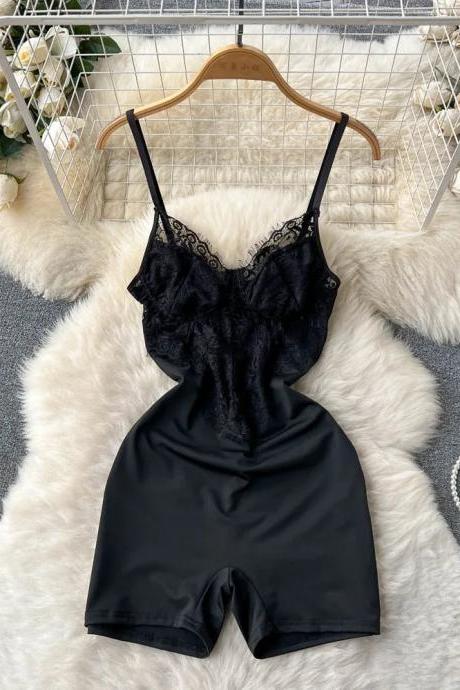 Womens Elegant Black Lace Trim Satin Romper Sleepwear