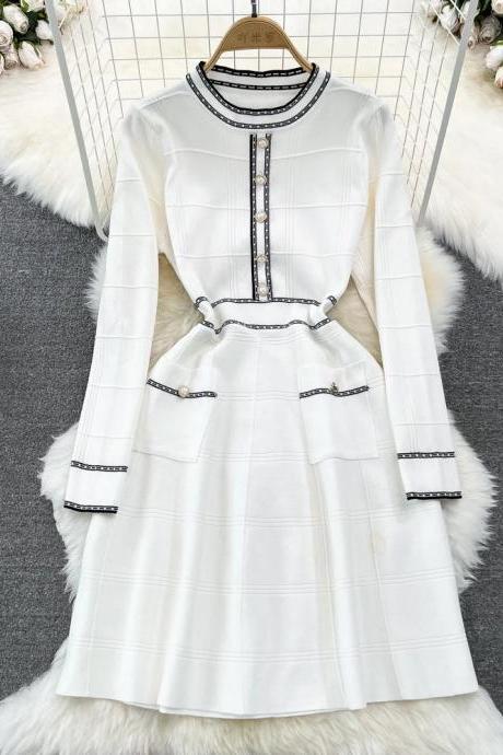 Elegant Long-sleeve White Dress With Black Trim Detail