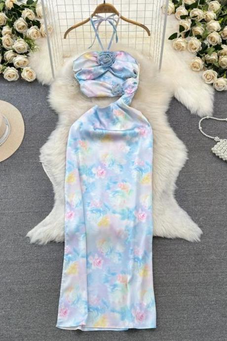 Floral Satin Scarf Top With Matching Headband Set