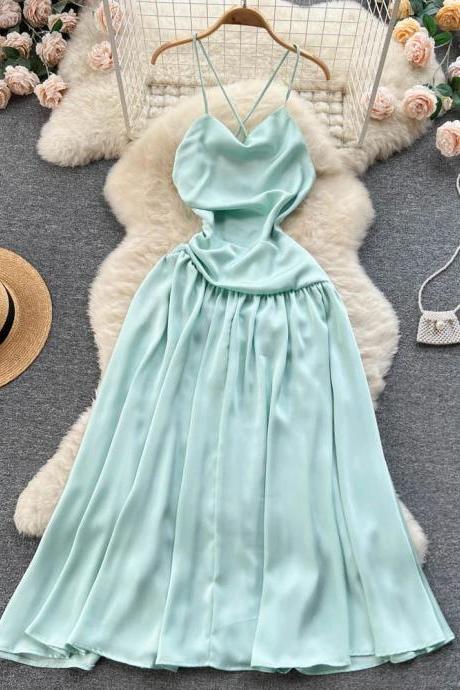 Elegant Mint Satin Halter Neck Midi Dress Women