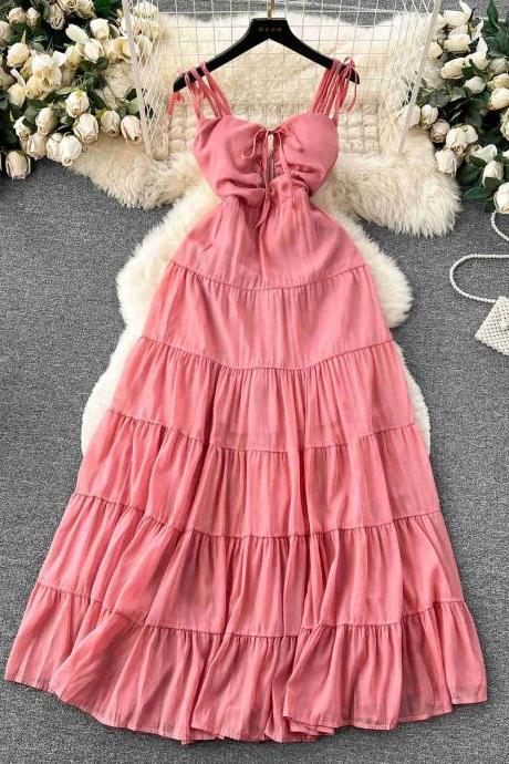 Bohemian Style Pink Ruffled Maxi Dress With Straps