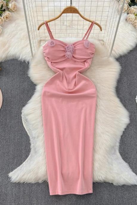 Pink Satin Sleeveless Dress With Rose Appliqués