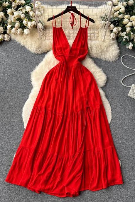 Elegant Red Halter Neck Maxi Dress For Women