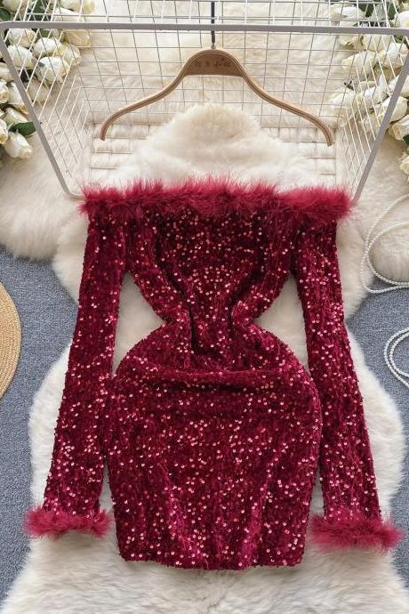 Womens Long Sleeve Sequin Dress With Faux Fur Trim