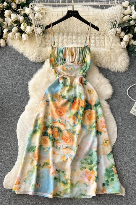 Floral Print Summer Midi Dress With Spaghetti Straps