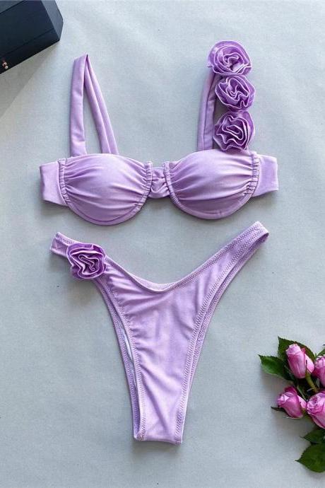 Womens Lilac Bikini Set With Floral Accents Swimwear