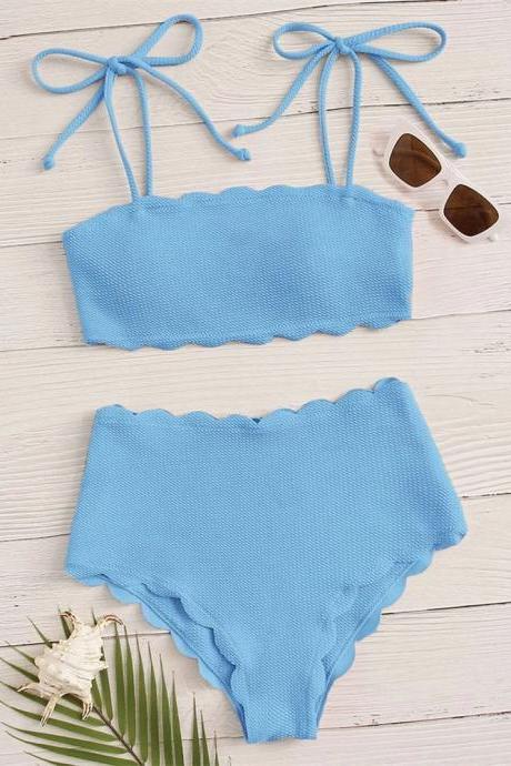 Womens Scalloped Edge Blue Bikini Set Swimwear