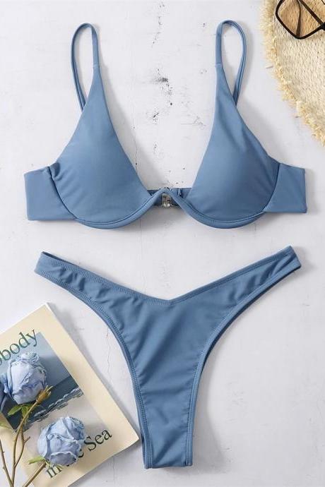 Womens Sleek Blue Bikini Set Adjustable Straps Swimwear