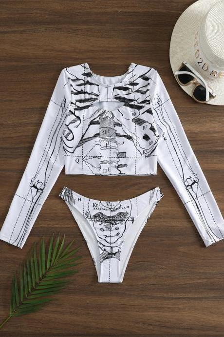 Womens Skeleton Print Long Sleeve Crop Top Bikini Set