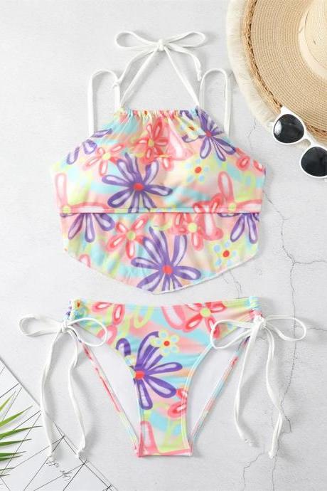 Floral Print Halter Neck Bikini Swimwear Set