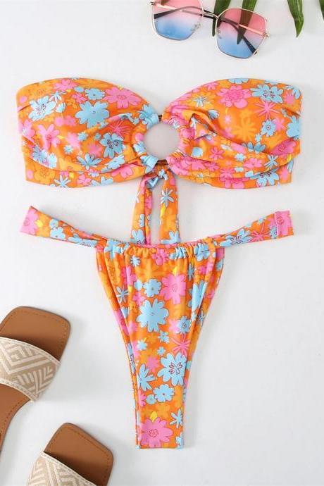 Tropical Floral Print Bikini Set With Tie-front Top