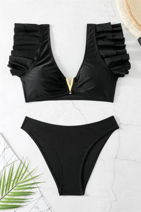 Womens Ruffled V-neck Bikini Set With Gold Detail