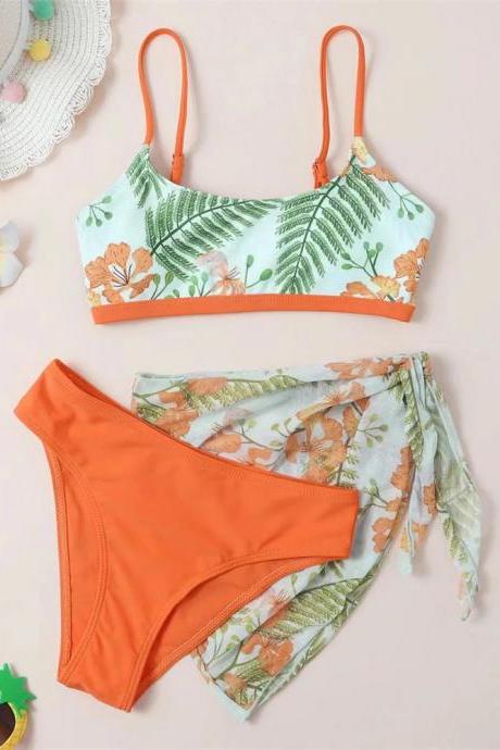 Tropical Print High-waisted Bikini Set With Sarong