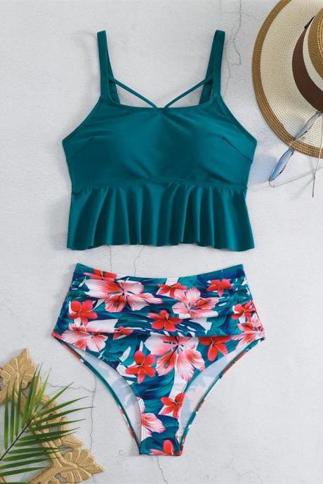 Womens Tropical Print High-waisted Bikini Swimwear Set