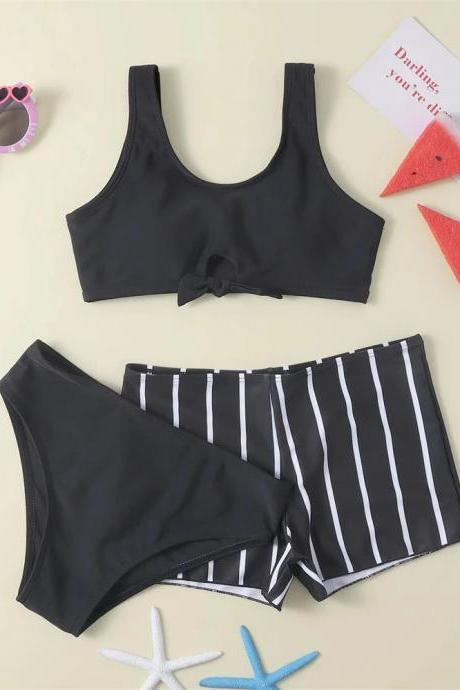 Womens Striped High-waisted Bikini Set With Bow Detail