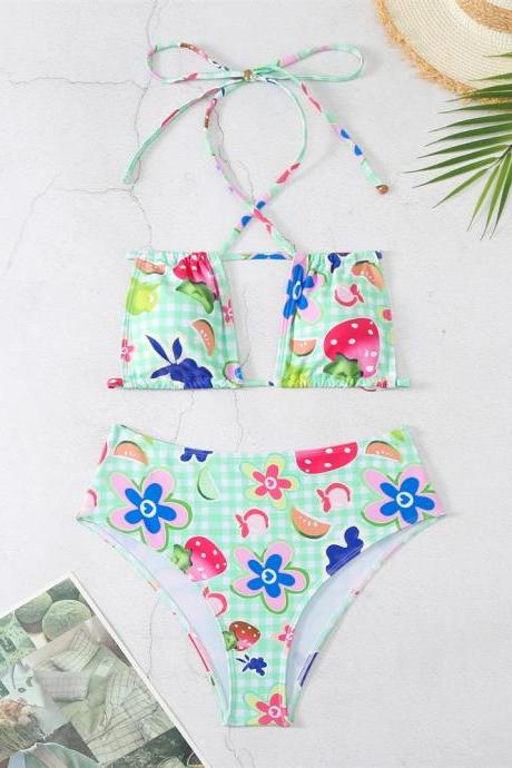 Womens High-waisted Floral Print Bikini Swimwear Set