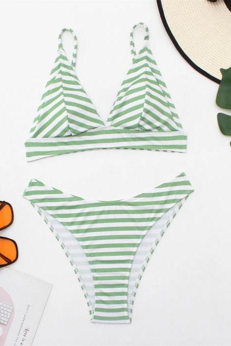 Womens Striped Triangle Bikini Set With Adjustable Straps