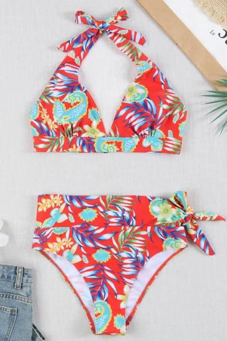Tropical Print Halter Neck Bikini Swimwear Set