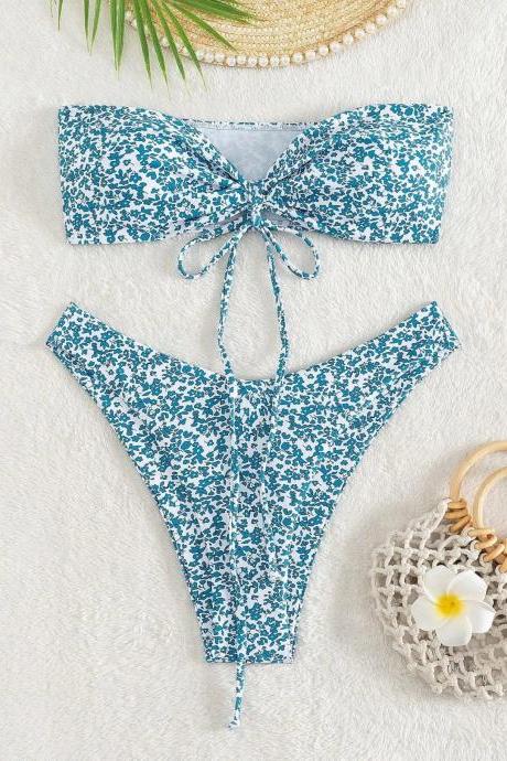 Womens Floral Bandeau High-waisted Bikini Swimsuit Set