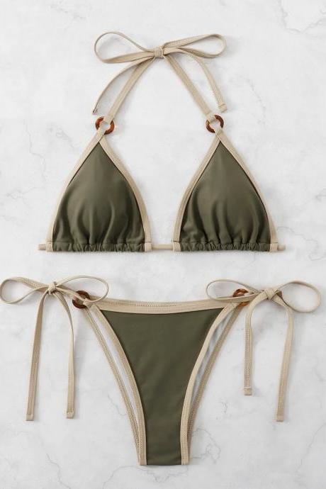 Womens Olive Triangle Bikini Set With Tie Closures