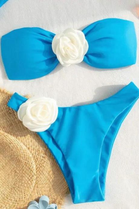 Womens Blue Floral Accent Bandeau Bikini Set Swimwear